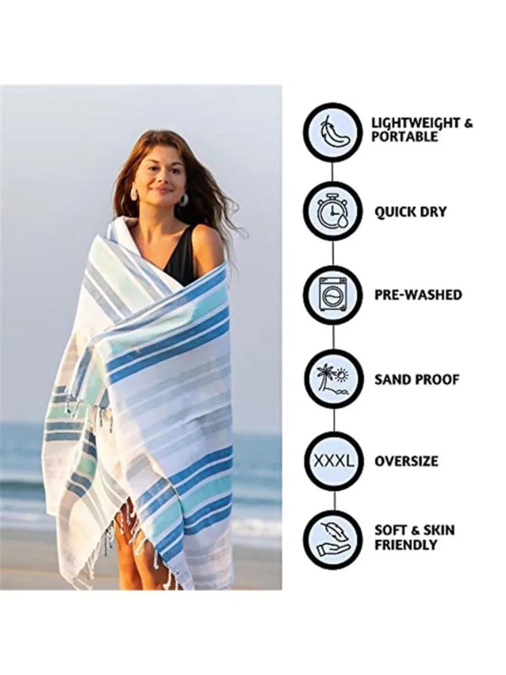 Turkish Beach Towel 40x72 Quick Dry Sandproof Lightweight Cotton Ocean Blue Bag